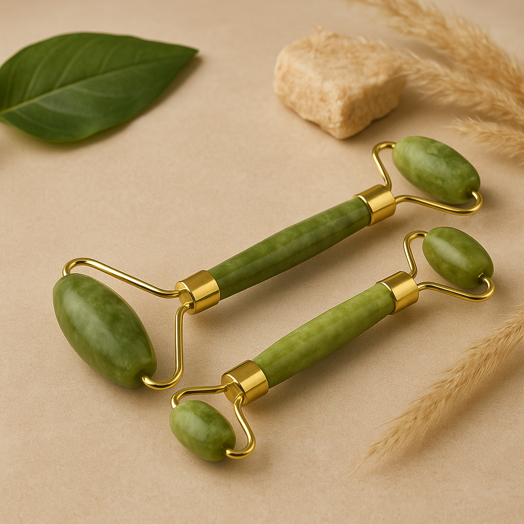 Double Head Jade Face Massage Roller on a neutral background with natural elements.